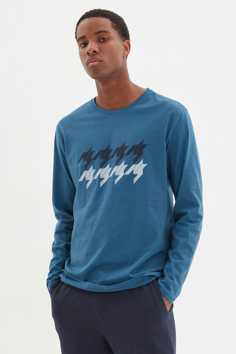 Trendyol, Pijama din bumbac cu pantaloni lungi, Bleumarin, S