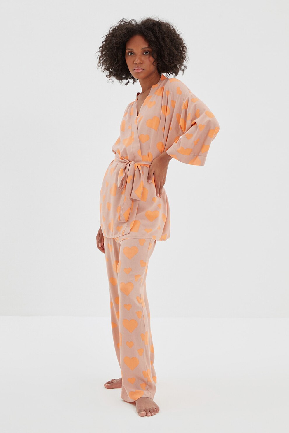 Trendyol, Set de halat si pijama cu imprimeu, Oranj