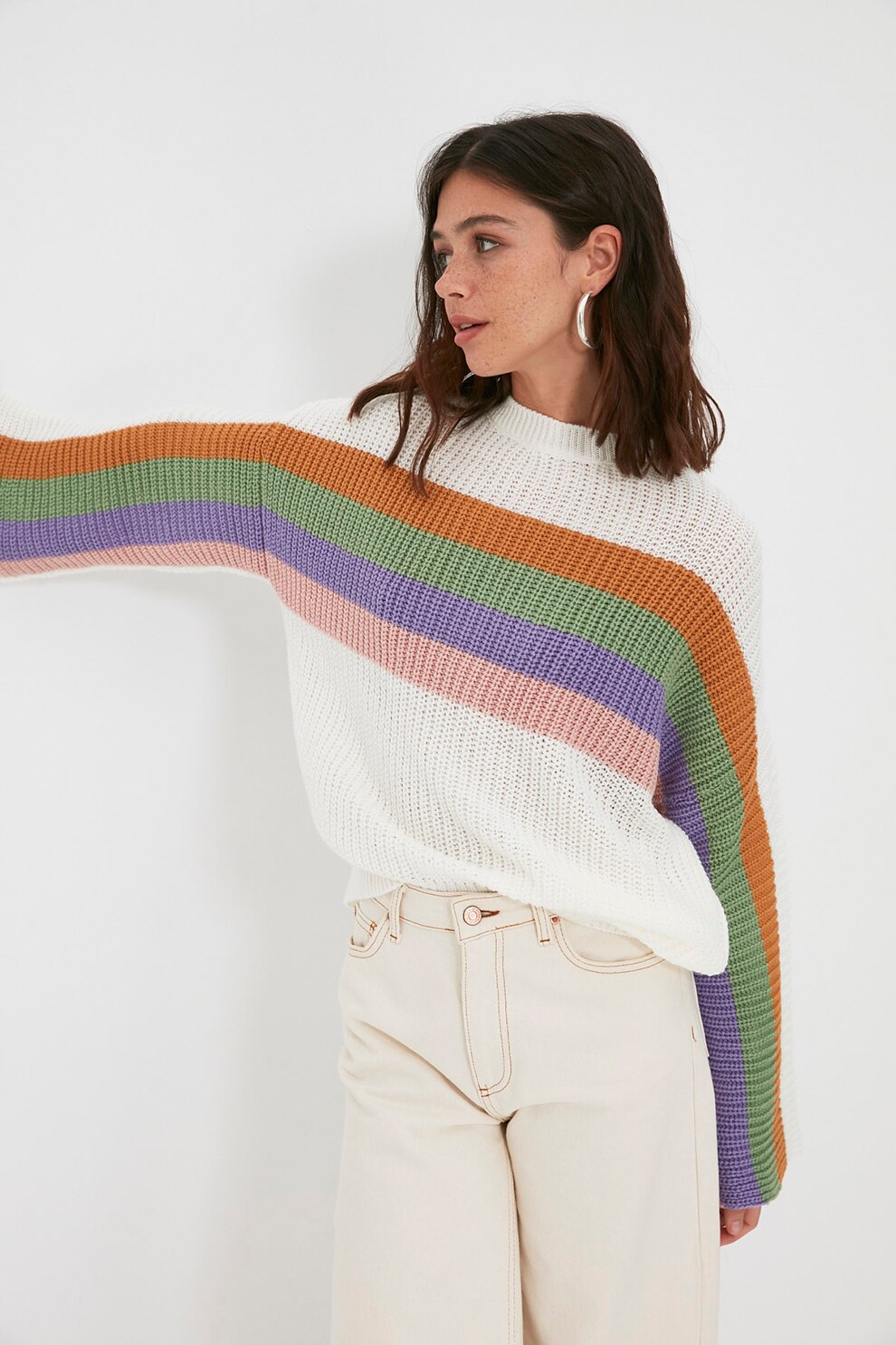 Trendyol, Pulover supradimensionat cu aspect colorblock, Alb