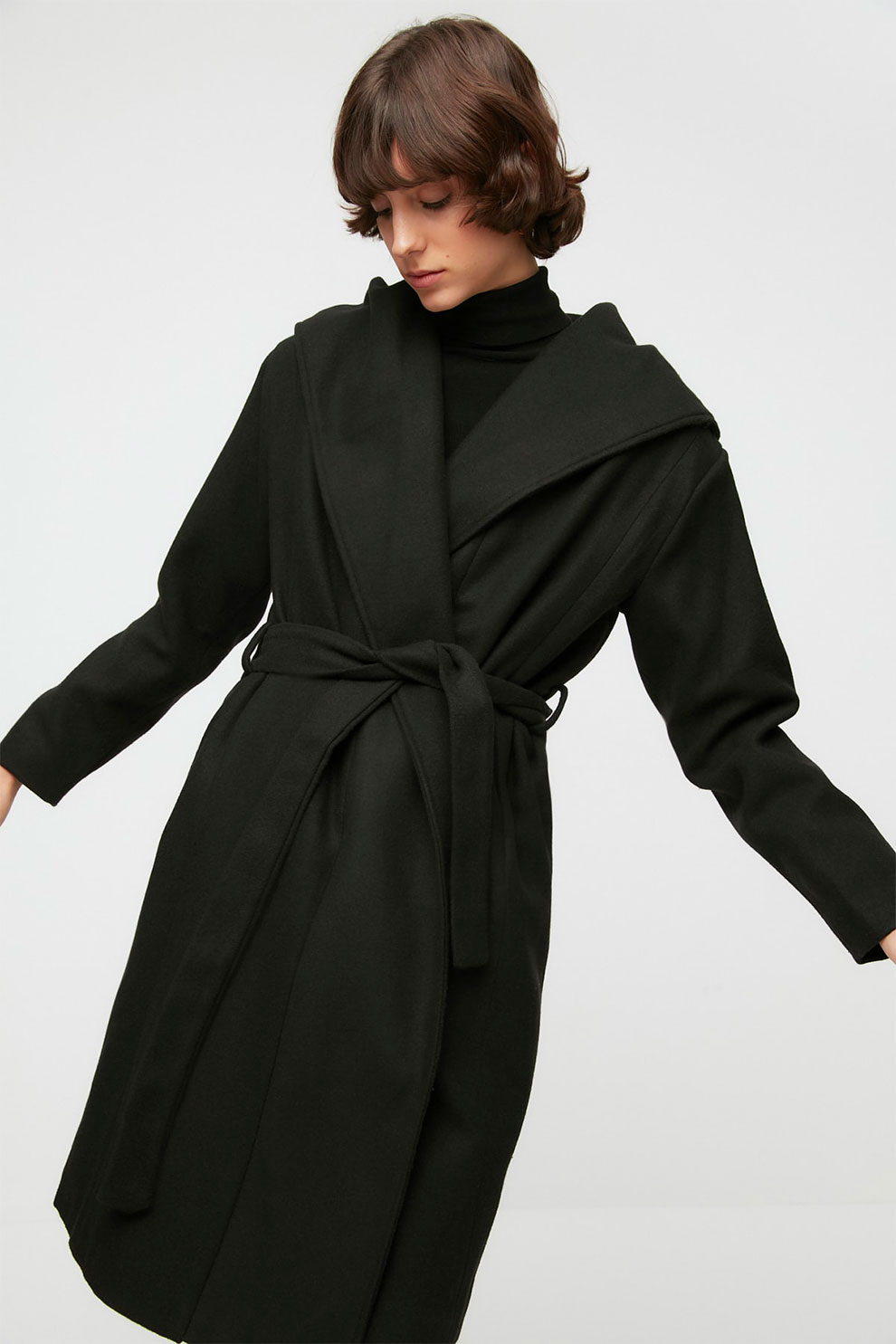 Trendyol, Haina cu gluga si cordon in talie, Negru, S