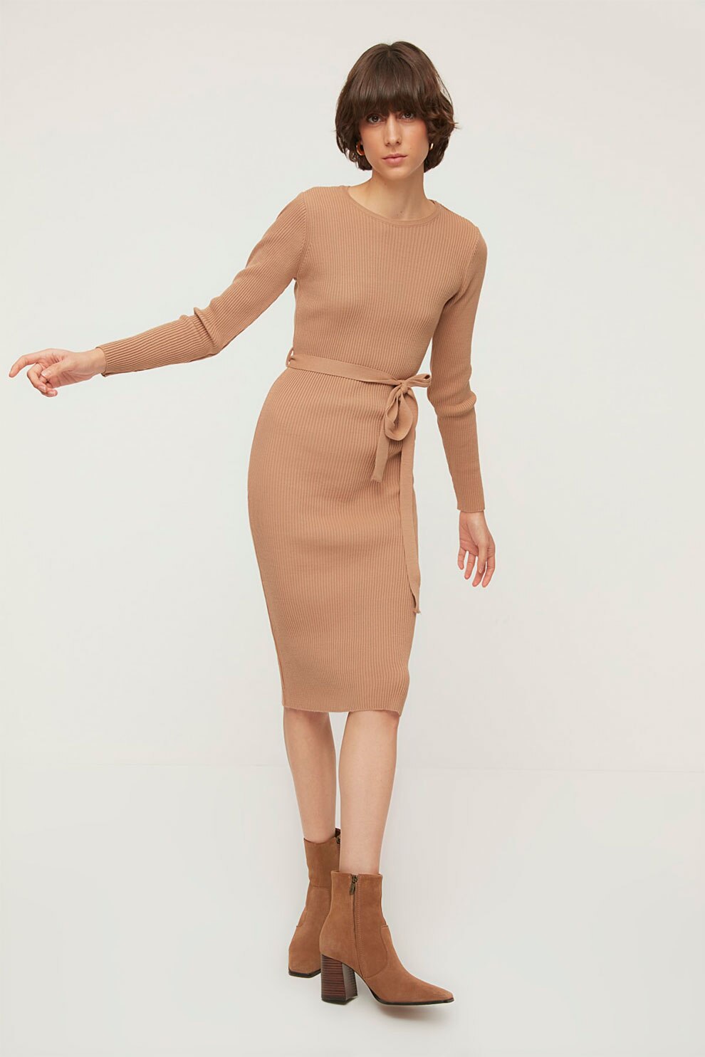 Trendyol, Rochie midi cambrata cu aspect striat, Maro camel