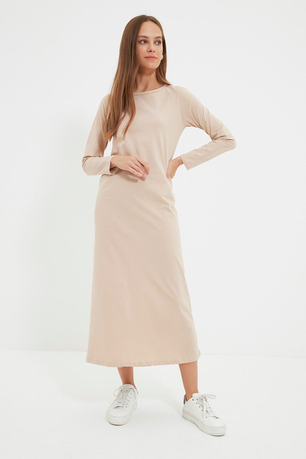 Trendyol, Rochie midi dreapta cu decolteu la baza gatului, Maro nisip