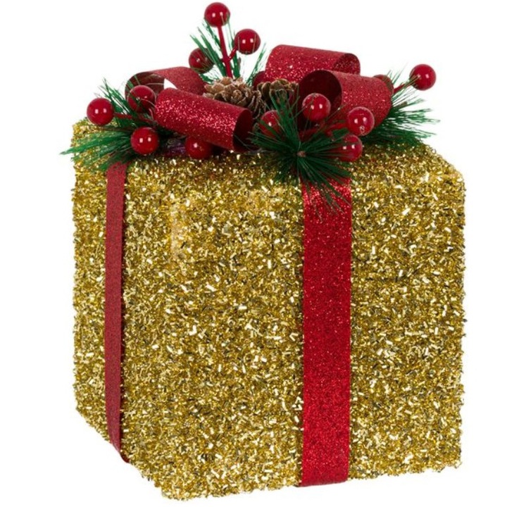 Decoratiune Craciun, cutie cadou decorativa, glitter, aurie, 15x15x15 cm, M Deco