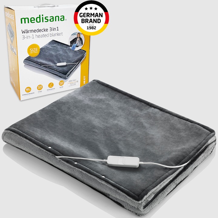 Единично електрическо одеяло Medisana HB 677, с Oeko-Tex® Standard 100 материя, 160 х 130 см, 3 в 1 - одеяло, пончо, наметало, Двулицево, 3 нива на температурата, 120 W, Бързо загряване, Автоматично изключване, Сив