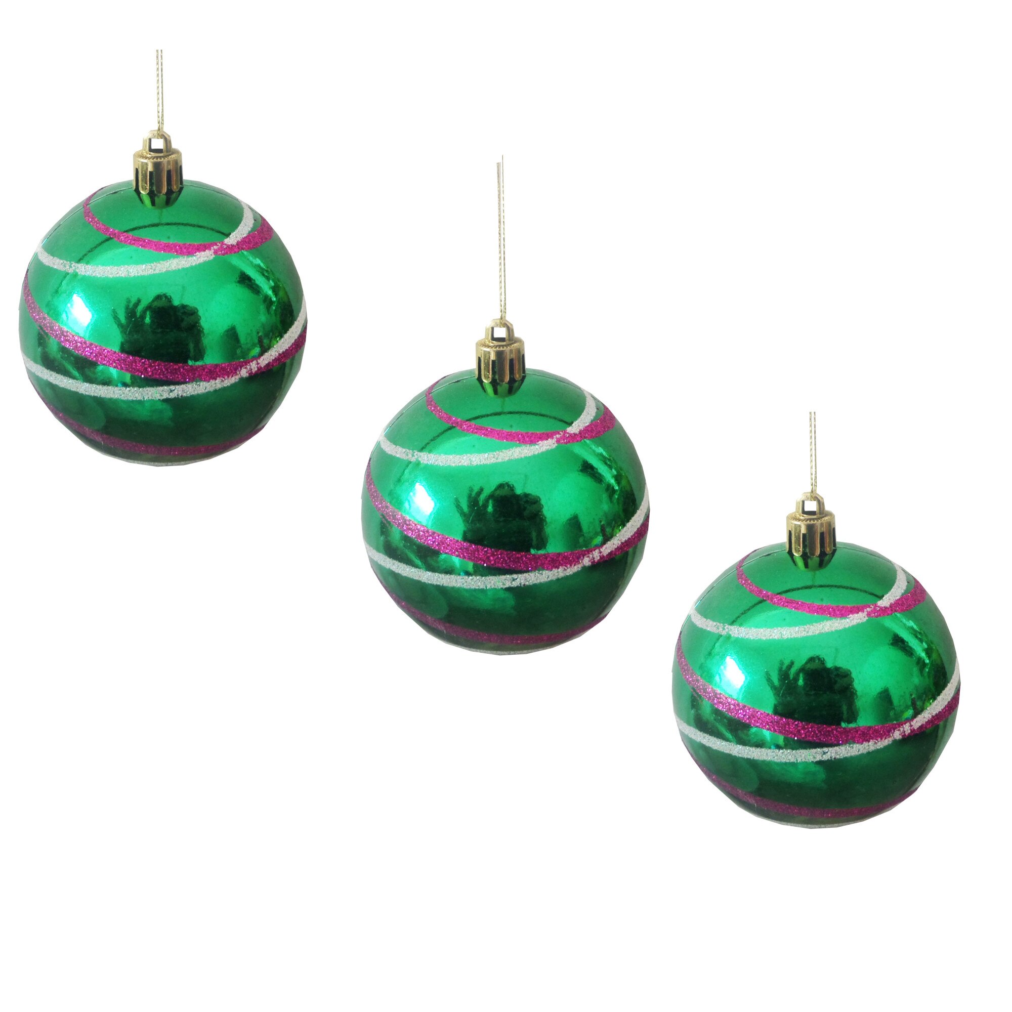 Set 3 Globuri de Craciun 8 cm Verzi cu Dungi Verde-Roz