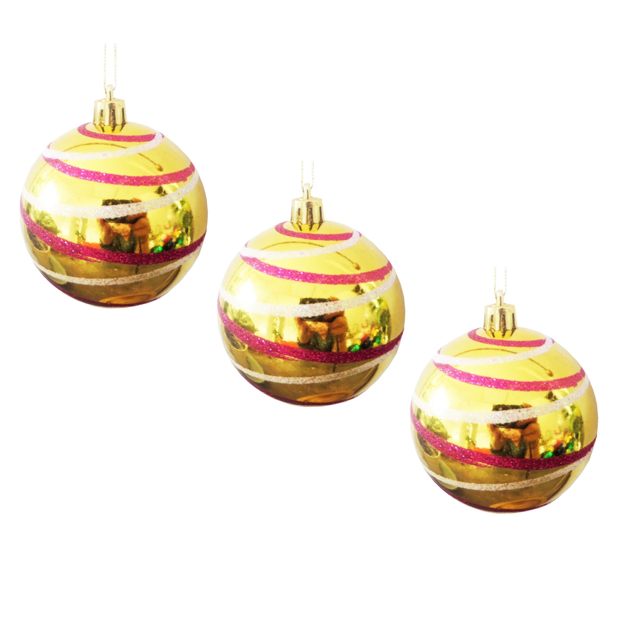 Set 3 buc Globuri de Craciun Brad Galben cu Dungi Roz 8 cm