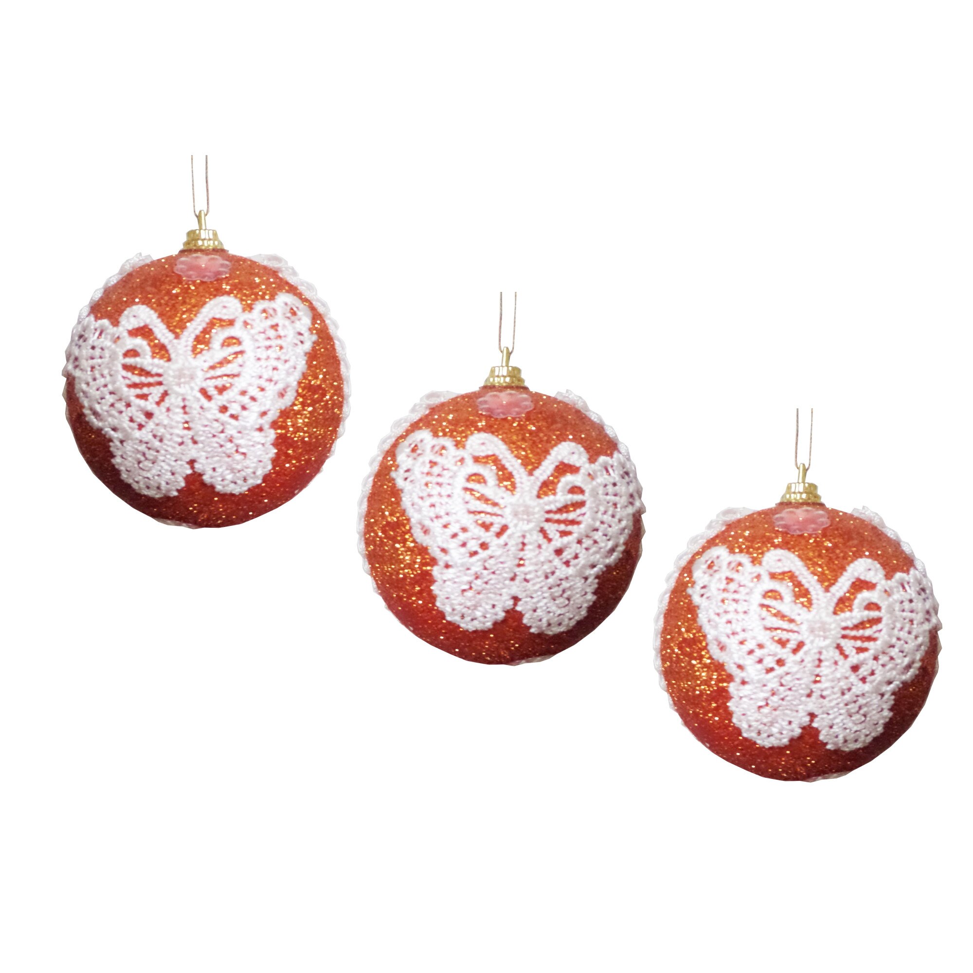 Set 3 Globuri Craciun de 7 cm Portocaliu cu Fluture Dantela