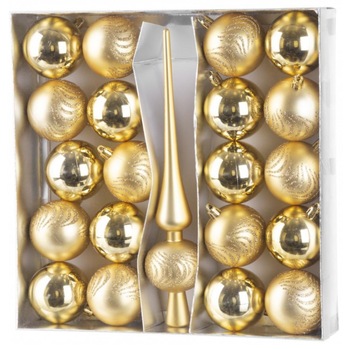 Set 21 globuri si varf pentru bradul de craciun, auriu, diametru 6 cm, magic home Set 21 globuri si varf pentru bradul de craciun, auriu, diametru 6 cm, magic home