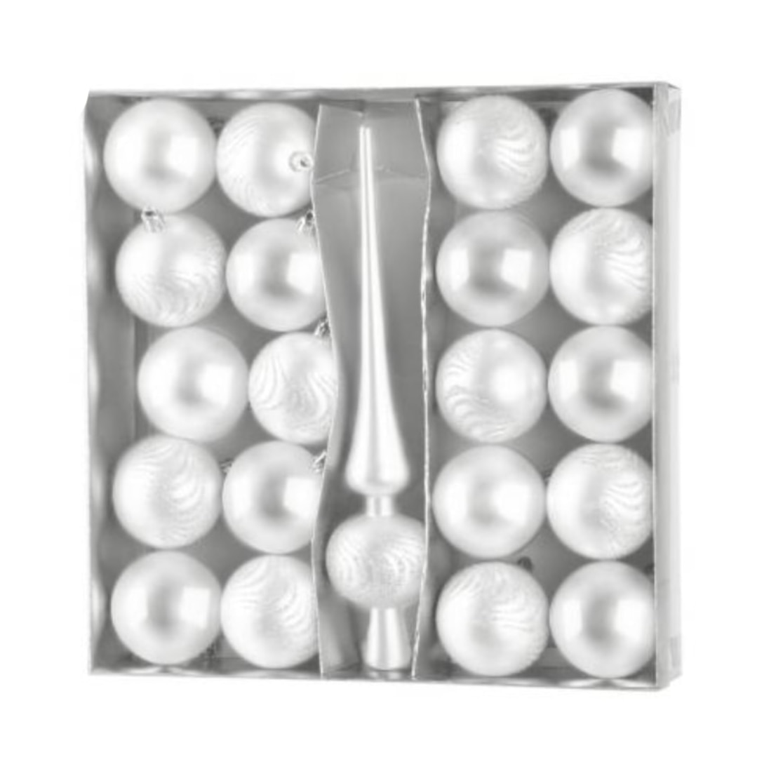 Set 21 globuri si varf pentru bradul de craciun, alb perlat, diametru 6 cm, magic home