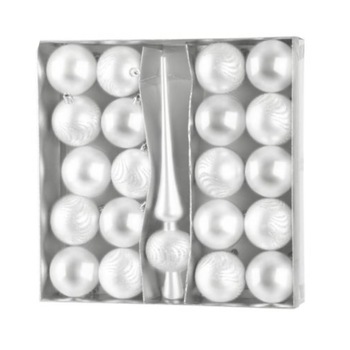Set 21 globuri si varf pentru bradul de craciun, alb perlat, diametru 6 cm, magic home Set 21 globuri si varf pentru bradul de craciun, alb perlat, diametru 6 cm, magic home