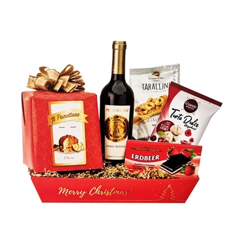 Cutie cadou Alegria, GiftSolution, cu vin rosu Losito, cozonac Panettone, turta dulce Grande Dolceria, Ciocolata Maitre Truffout, Cadoul contine 5 produse Cutie cadou Alegria, GiftSolution, cu vin rosu Losito, cozonac Panettone, turta dulce Grande Dolceria, Ciocolata Maitre Truffout, Cadoul contine 5 produse