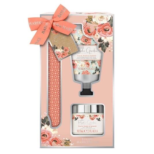 Set Baylis & Harding Royal Garden Peach Peony & Jasmine, Femei, crema maini 50 ml , sare baie 70 g si pila unghii