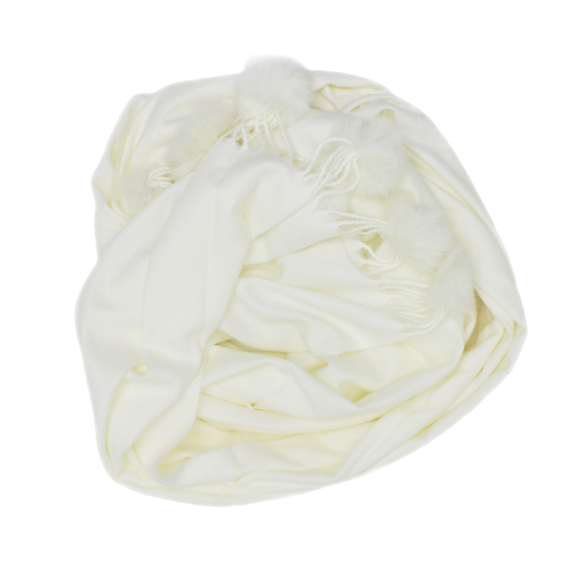 Esarfa de dama, 100% casmir, Alb ivoar cu ciucuri, 190 x 70 cm - ES772