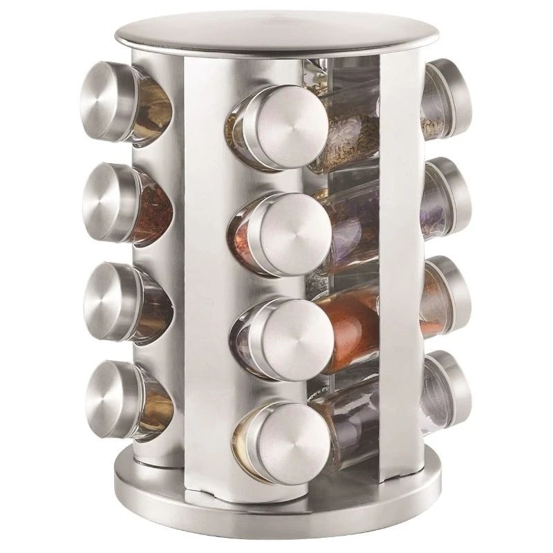 Set 16 recipiente condimente Bohmann BH 7861, cu suport, Inox/Sticla