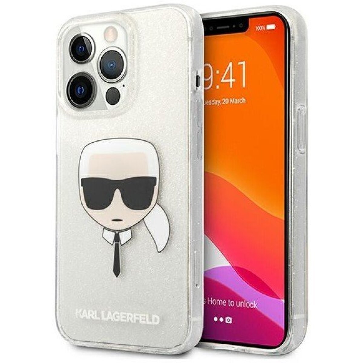 Husa Cover Karl Lagerfeld Full Glitter Karl Head pentru iPhone 13 Pro Silver