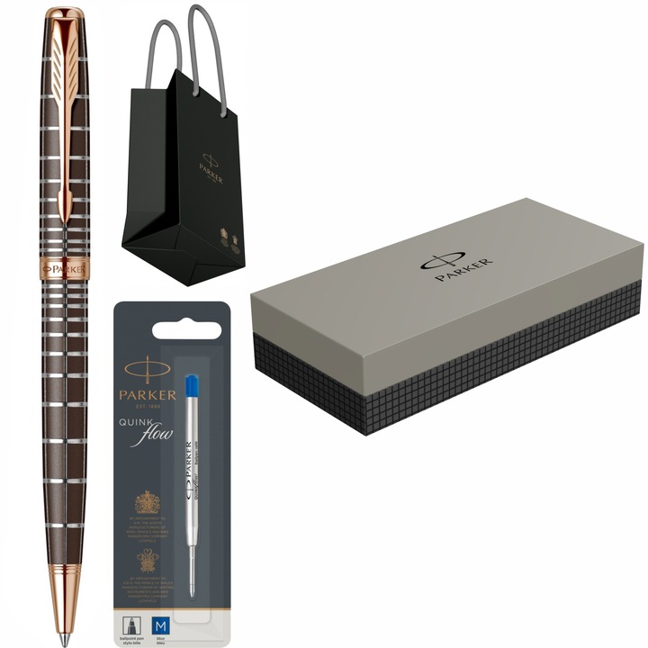 Set Parker Pix Sonnet Royal Dark Brown Laque PGT cu rezerva mina pix si punga