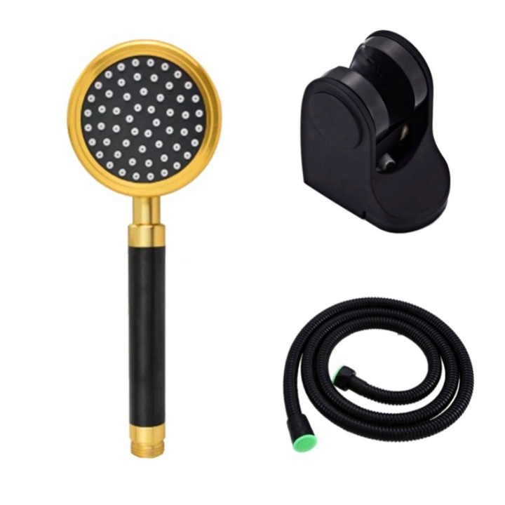 Set dus negru auriu 3 piese cu furtun dus negru, para dus duze silicon si suport para