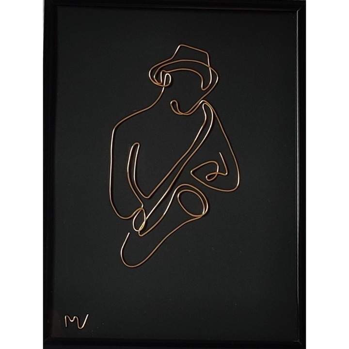 Tablou cantaret la Saxofon , sculptura in fir continuu de sarma placata cu aur 18x24 cm - cod.2258