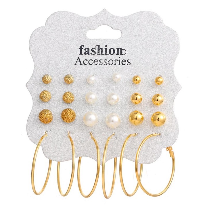 Cercei la moda, Pili-Paradise, Metal/Plastic, 12 perechi, Auriu/Alb