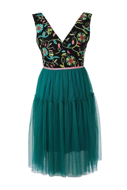 ambar studio, Bővülő fazonú ujjatlan V-nyakú ruha, Fekete/Perzsazöld