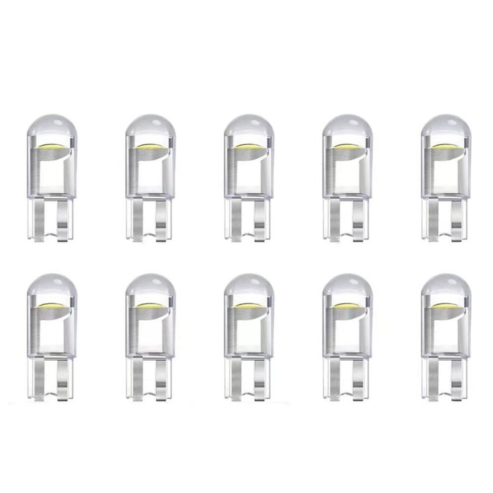 Set 10 becuri LED T10, Stil COB, 12V, 0.36W, Alb rece