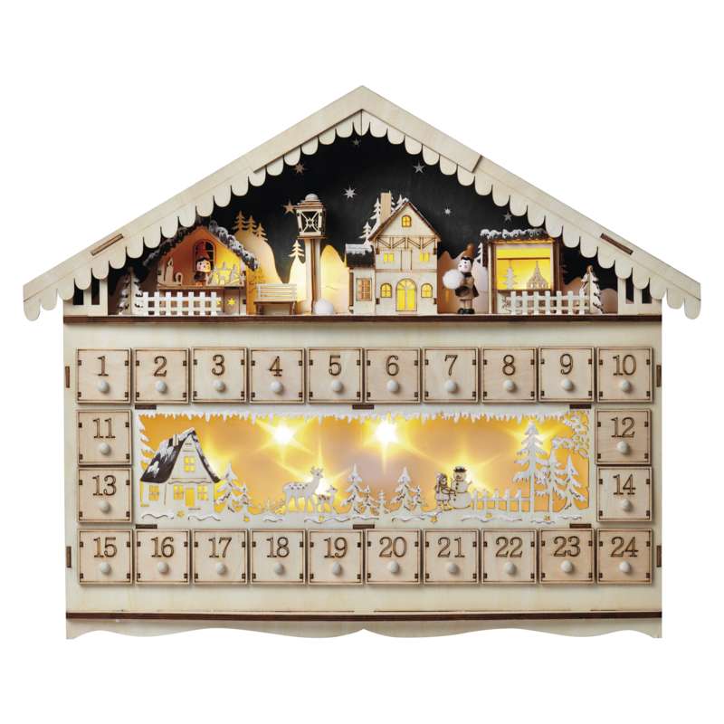 Decoratiune Craciun, Casuta Calendar Advent, Lemn natur, 50x40cm, 2xAA 1.5V, Emos, 10 LED 0.4W, Lumina Calda