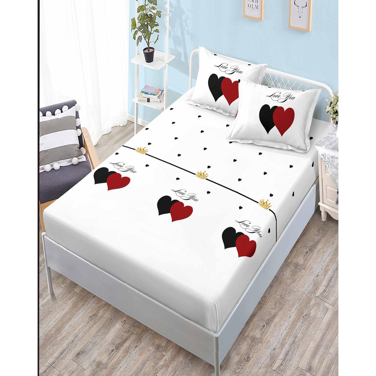 Set Husa de Pat cu Elastic si 2 Fete de Perna pentru Pat Dublu, Finet, Love You, HBFJ-110