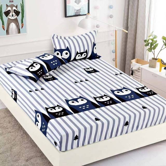 Husa de pat, 3 piese din Bumbac Finet, Syggy Bufnite Albastru