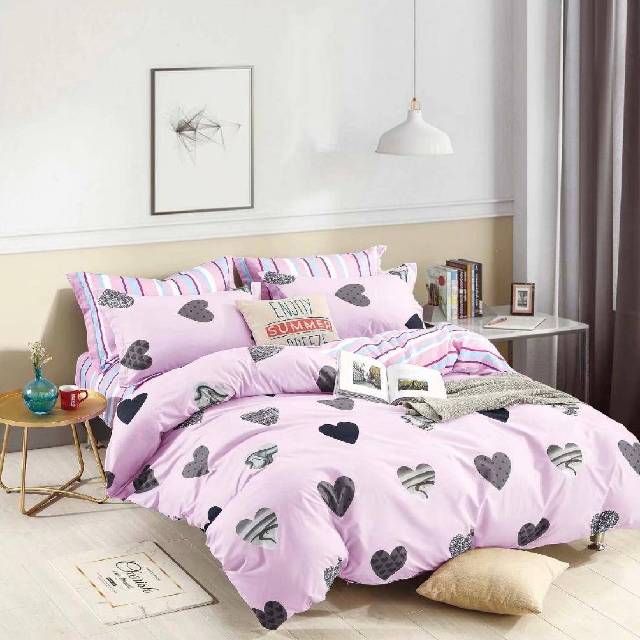 Lenjerie de pat dublu din Bumbac Satinat, 4 piese Syggy Hearts Pink