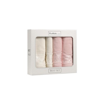 Set Prosoape Bumbac Camellia , 4 piese 50 x 80, 70 x 150 , Crem/Roz Set Prosoape Bumbac Camellia , 4 piese 50 x 80, 70 x 150 , Crem/Roz