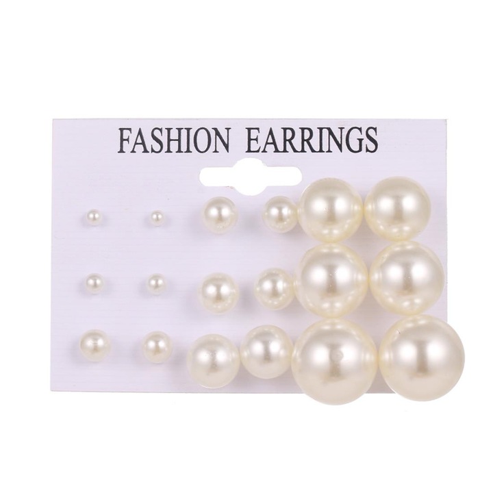 Set 9 perechi cercei eleganti Pili-Paradise, Metal/Plastic, Alb