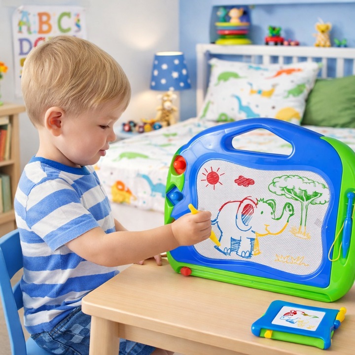 Tablita 2 in 1 de scris magnetica The Playful Elephant idealSTORE Dimensiuni 38 x 32 x 3 cm, Include 3 stampile cu forme diferite, 2 Pixuri, Planul de desen contine 4 culori incorporate