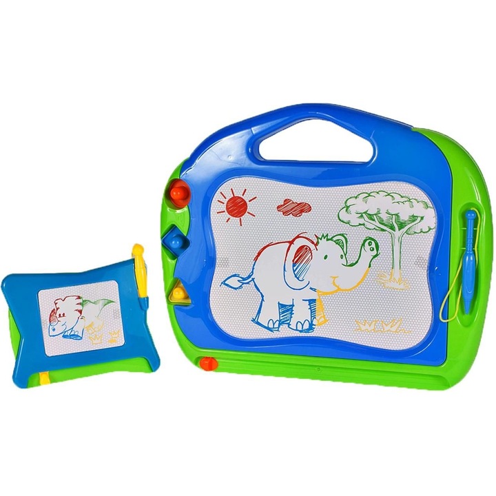 IdealStore The Playful Elephant 2 az 1-ben mágneses írótábla, méretek 37 x 30 x 3 cm, tartalma: 3 db különböző formájú bélyeg, 2 db toll, a rajtábla 4 beépített színt tartalmaz