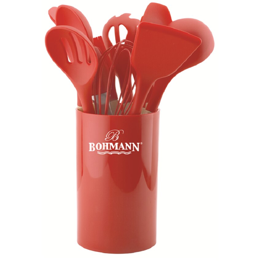 Set 12 ustensile de bucatarie Bohmann, din silicon termorezistent, maner din lemn, Rosu