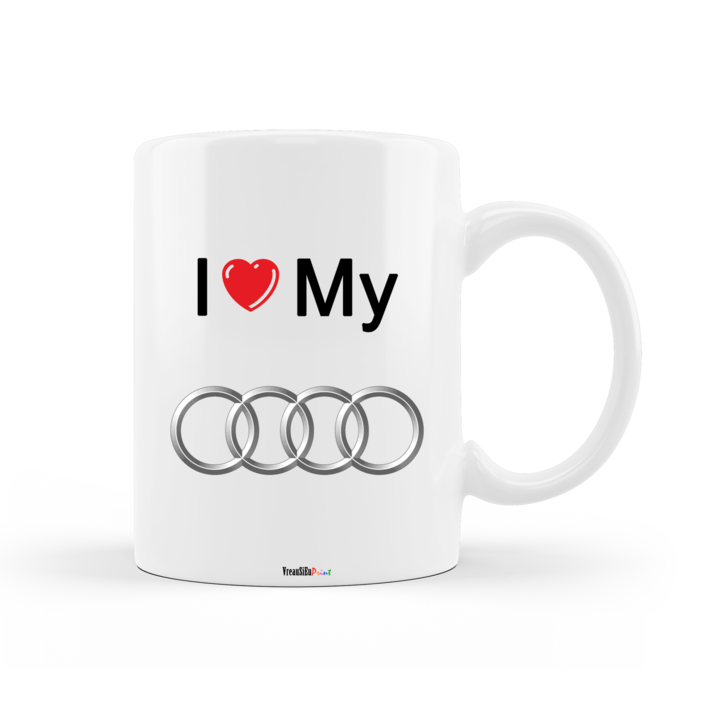 Cana personalizata pentru entuziasti auto, cu mesajul "I love my Audi", ceramica alba, 330 ml