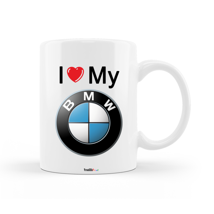 Cana personalizata pentru entuziasti auto, cu mesajul "I love my BMW", ceramica alba, 330 ml