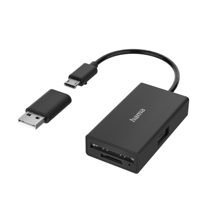 Hub USB Hama 200125, USB 2.0, Cititor carduri, Negru