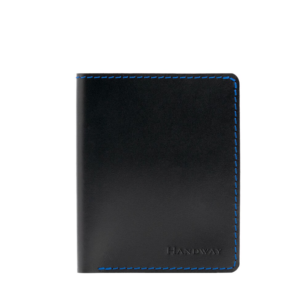 Portofel din piele naturala, Handway, Vertical, Premium, Realizat manual, Compartiment buletin, Negru, Culoare cusatura Albastru