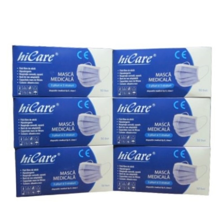 6 dobozos készlet x 50 HiCare orvosi maszk, BFE > 99%, 3 rétegű, 3 rétegű, Kék