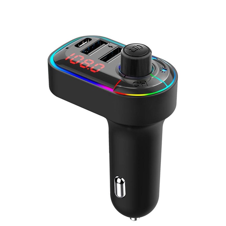 Modulator FM C12, Bluetooth, transmitator audio FM, player MP3, handsfree, USB type C, LED, Fast Charge, lumina ambientala, Negru