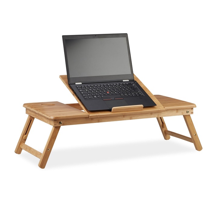 Мултифункционална маса за лаптоп, поднос за закуска, с чекмедже, бамбук, RelaxDays, естествен, 49 x 90 x 35 cm