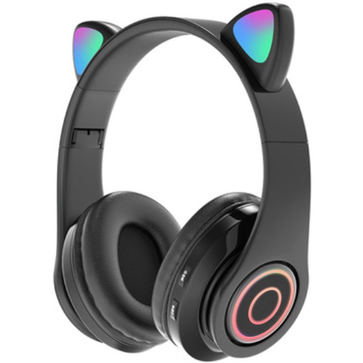 Euotboup fejhallgató, Bluetooth, Cica modell, Összecsukható, LED, Fekete