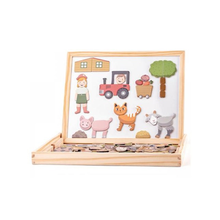 Set tabla magnetica cu doua fete, Woodyland, Lemn, cu animale si cadru din lemn, Multicolor