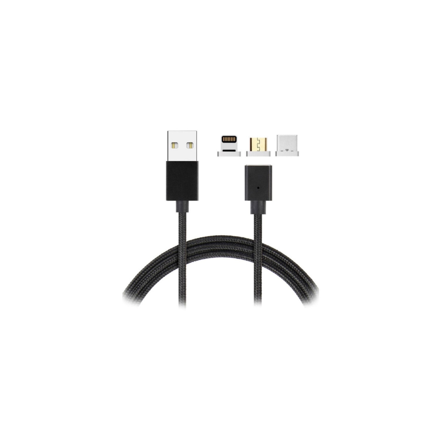 Cablu de date Magnetic 3 in 1, USB la Lightning, Micro USB, Type-C, ranforsat, Negru