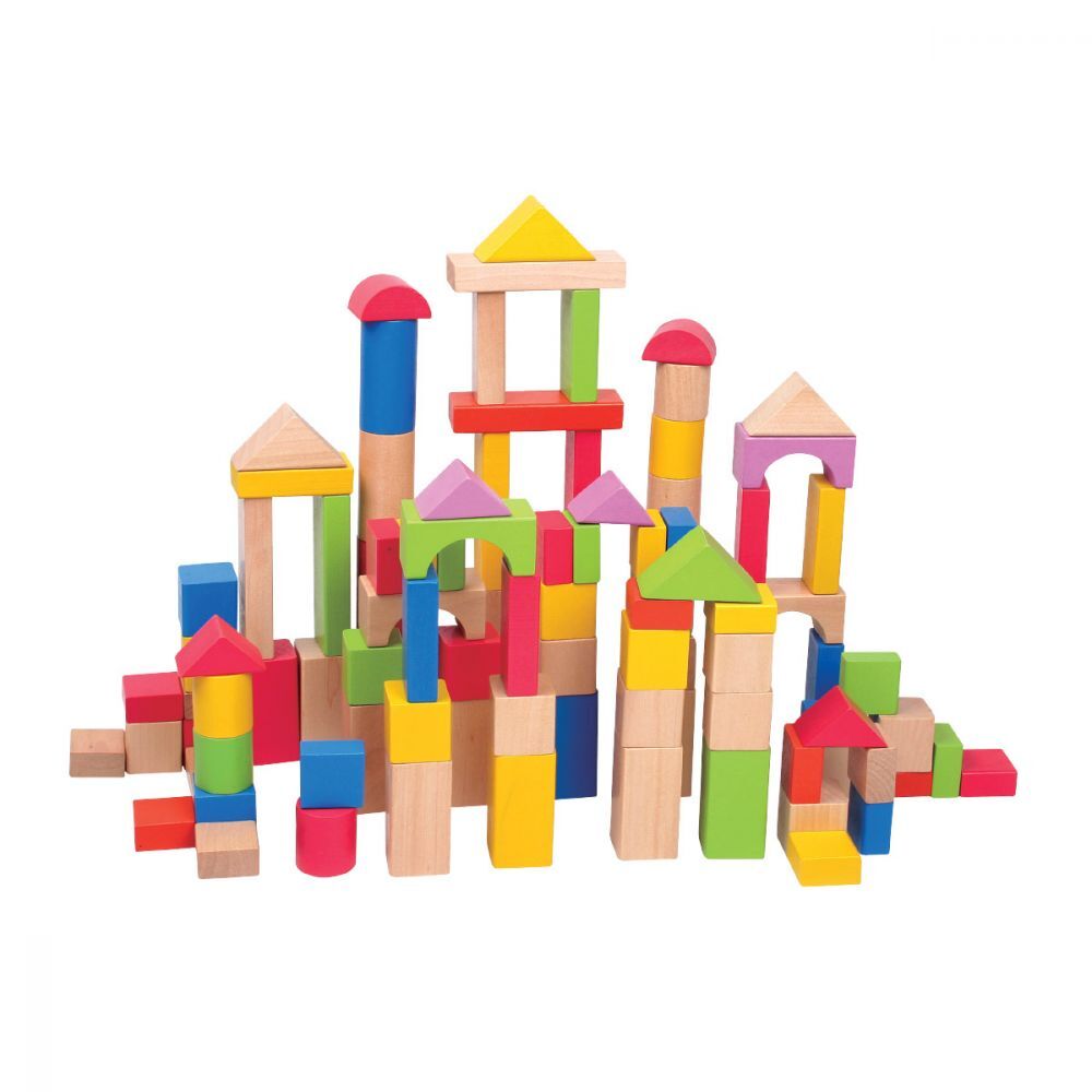Set de construit cu 100 de blocuri din lemn de diverse forme si culori, ATS, pentru copii