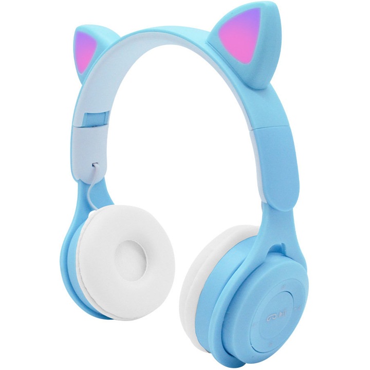 Bluetooth слушалки за телефон, модел Cat, сгъваеми, M6, HiFi, LED, сини
