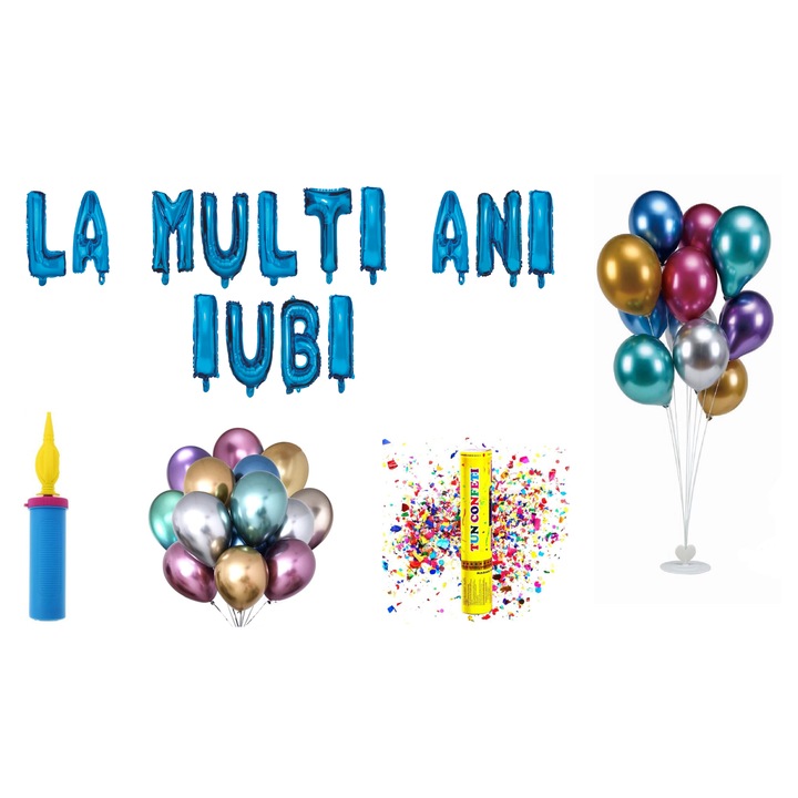 Boldog születésnapot szerelmes lufi szett, tortalapos ajándék, 65 db, kék