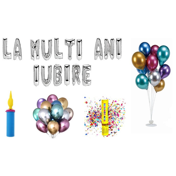 Комплект балони Happy Birthday Love, Подарък за покривало за торта, 67 бр., Сребро