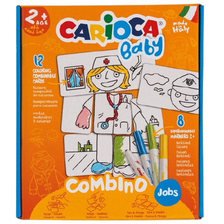 Jobs Carioca Baby Puzzle Set, 12 kártya 2 lánnyal, 8 Super Washable Cariocas, Multicolor