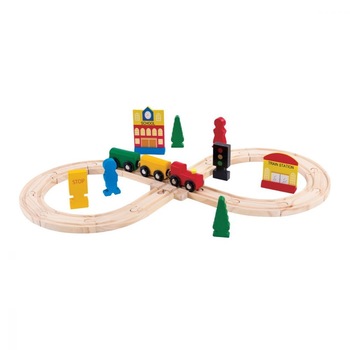 Set pista din lemn cu 30 de piese si 8 accesorii , tren, gara si scoala, pentru copii Set pista din lemn cu 30 de piese si 8 accesorii , tren, gara si scoala, pentru copii